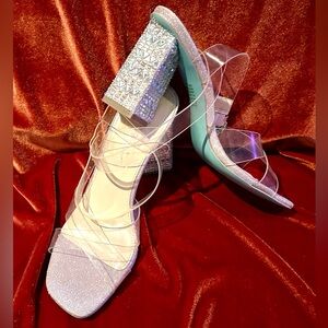 Betsey Johnson Sparkly Gold Ankle Straps w/ Mirrored Silver Heels, US Size 7.5